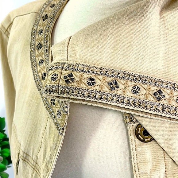New Avenue AV/X Khaki Denim Embellished Jewel Trim Jacket - Picture 12 of 16
